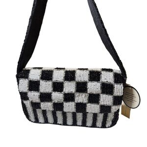 VIRAL Studio 12 Hand Beaded Black White Checkered Striped Shoulder Bag